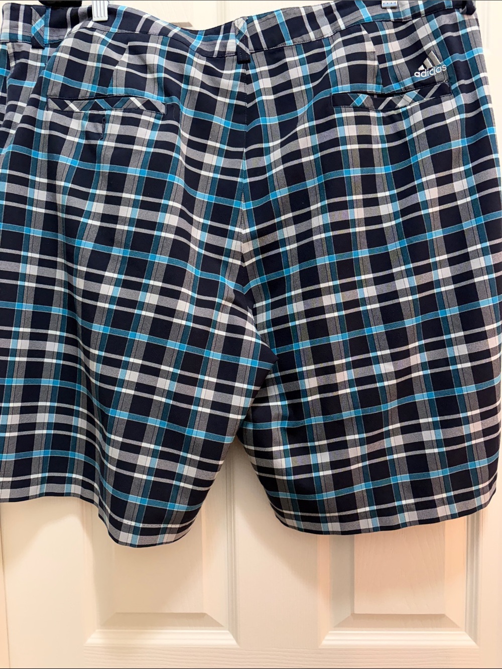 adidas Navy and White Plaid Button-Up Short with Teal Accent